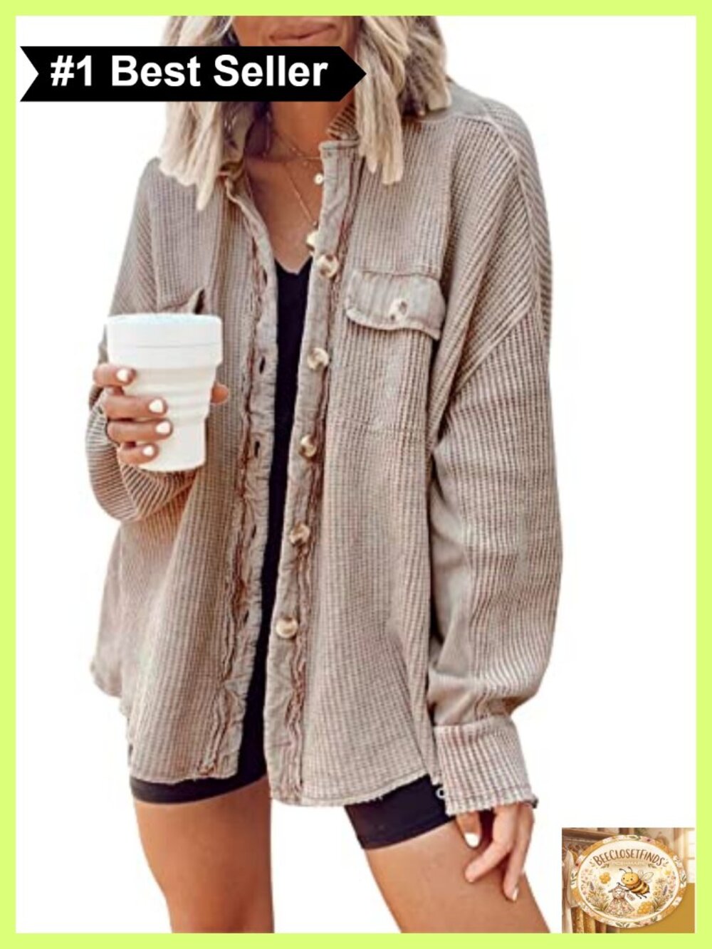Waffle Knit Batwing Sleeve Button Down Shacket